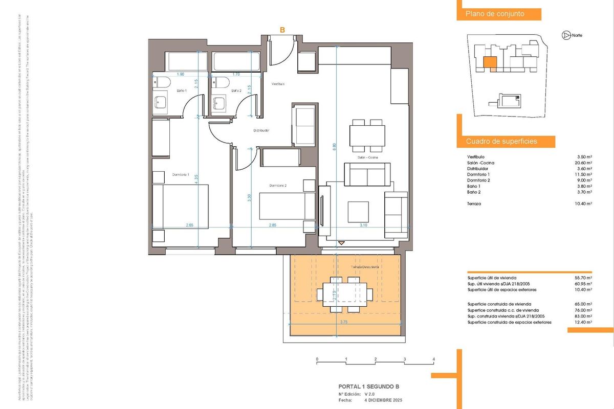 Plattegrond van een 2-slaapkamerappartement in Mijas met open leefruimte, keuken en twee slaapkamers