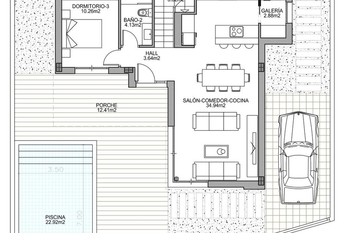 Begane grond plattegrond van een 3-slaapkamer villa in Benijofar, met keuken en porch naast zwembad.