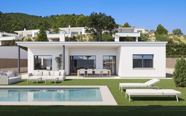 Moderne 4-slaapkamer villa buitenkant met een zwembad en tuin in Penaguila, Costa Blanca Noord. Perfect voor buitenontspanning.
