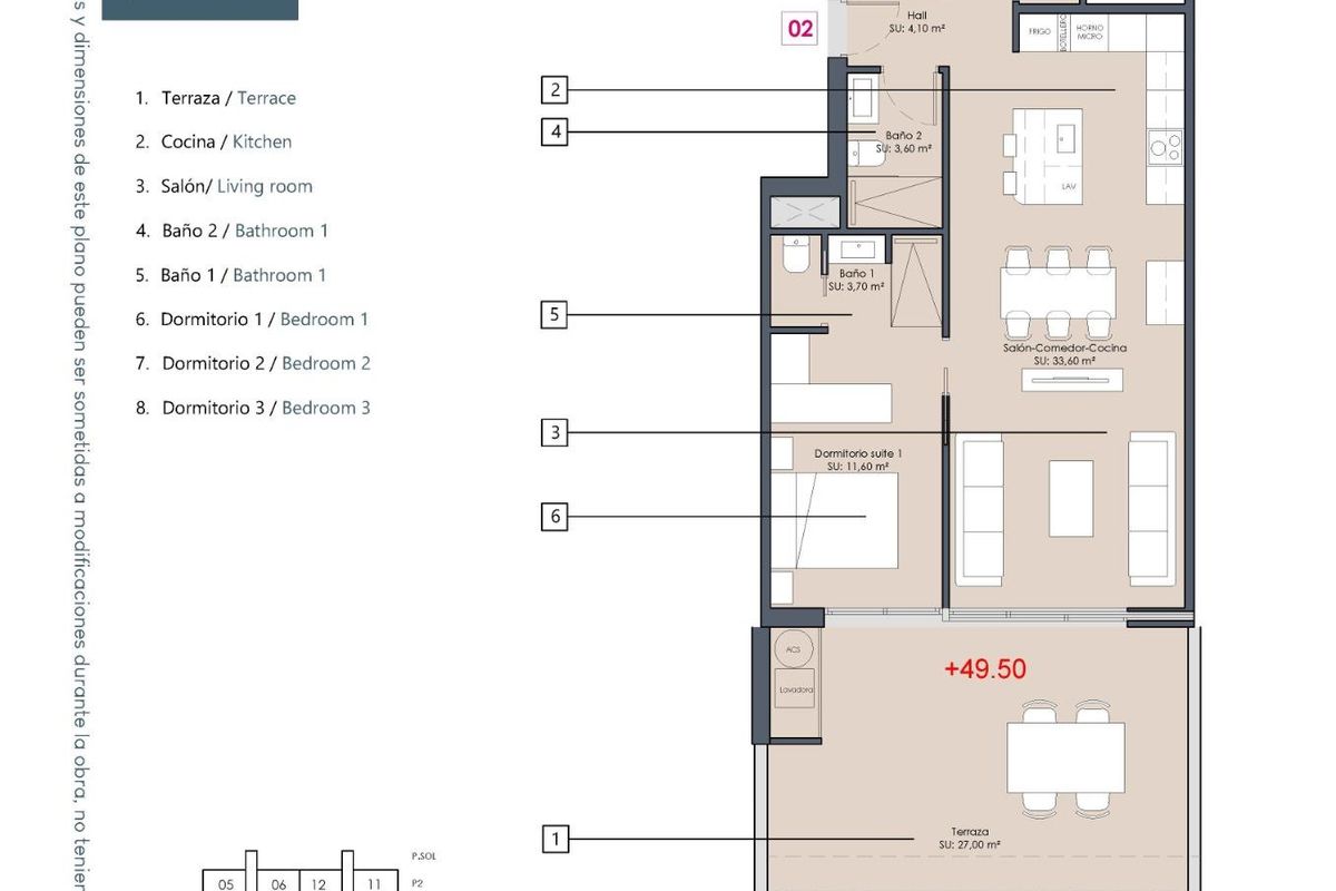 Plattegrond van een 3-slaapkamer appartement op de begane grond in Benijofar, met indeling van keuken, woonruimte en terras.