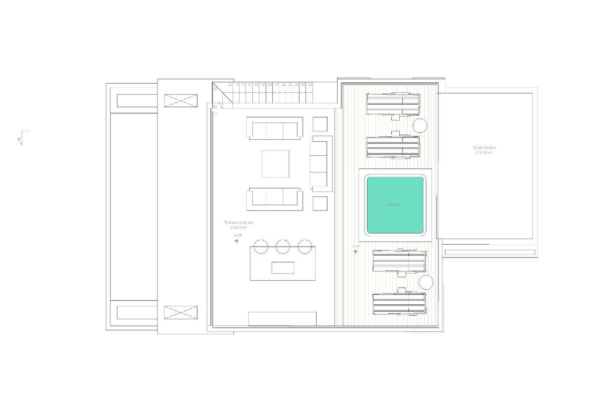 Plattegrond van een moderne villa met 5 slaapkamers in Estepona, met open woonruimtes en een zwembad.