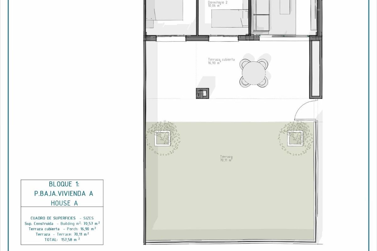 Gedetailleerde plattegrond van de indeling van het appartement met 2 slaapkamers, met de woonkamer en slaapkamers in Vera, Costa de Almeria.