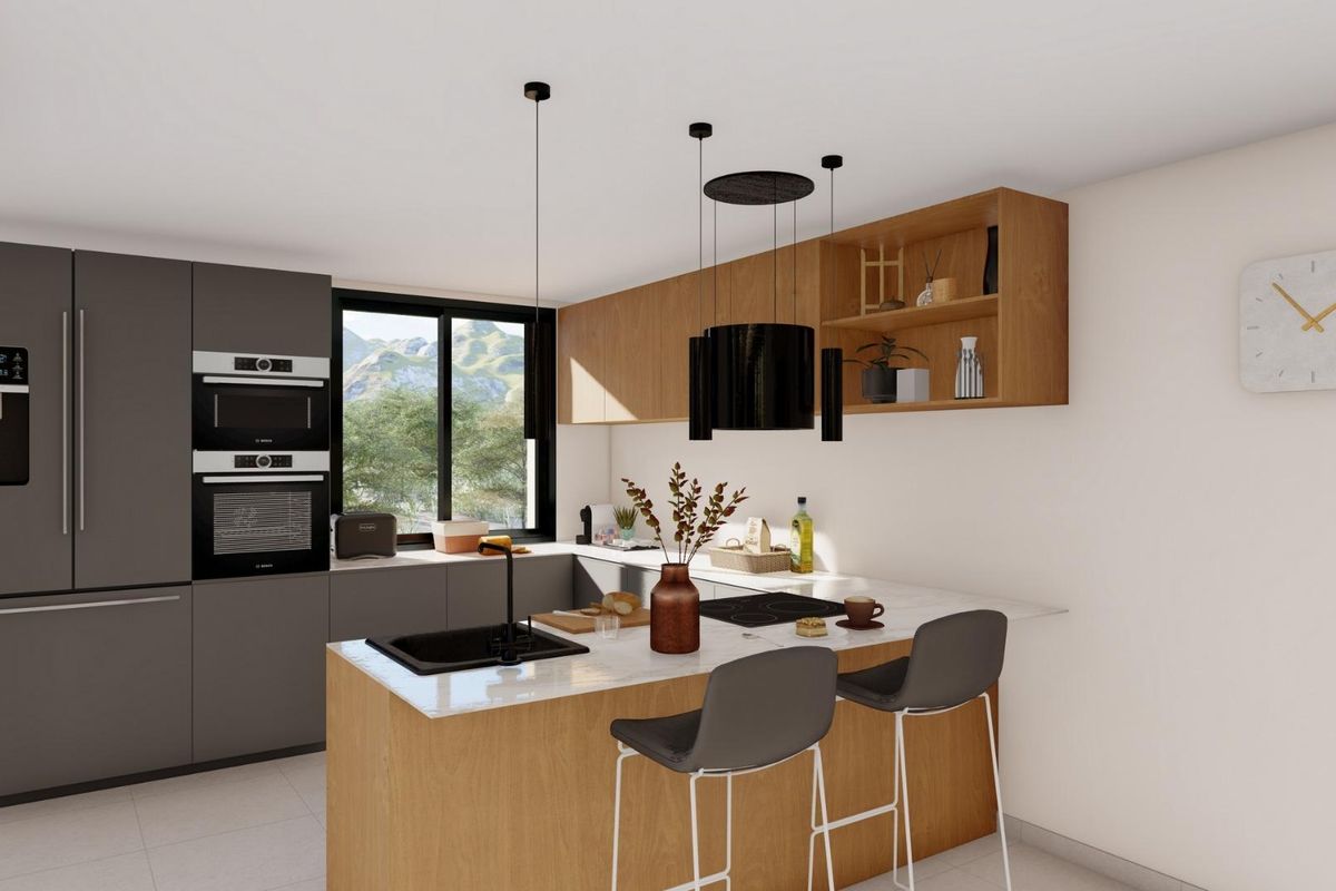 Stijlvolle keuken met moderne apparaten en ontbijtbar in de 6-slaapkamer villa in Yecla, Costa Blanca Noord.