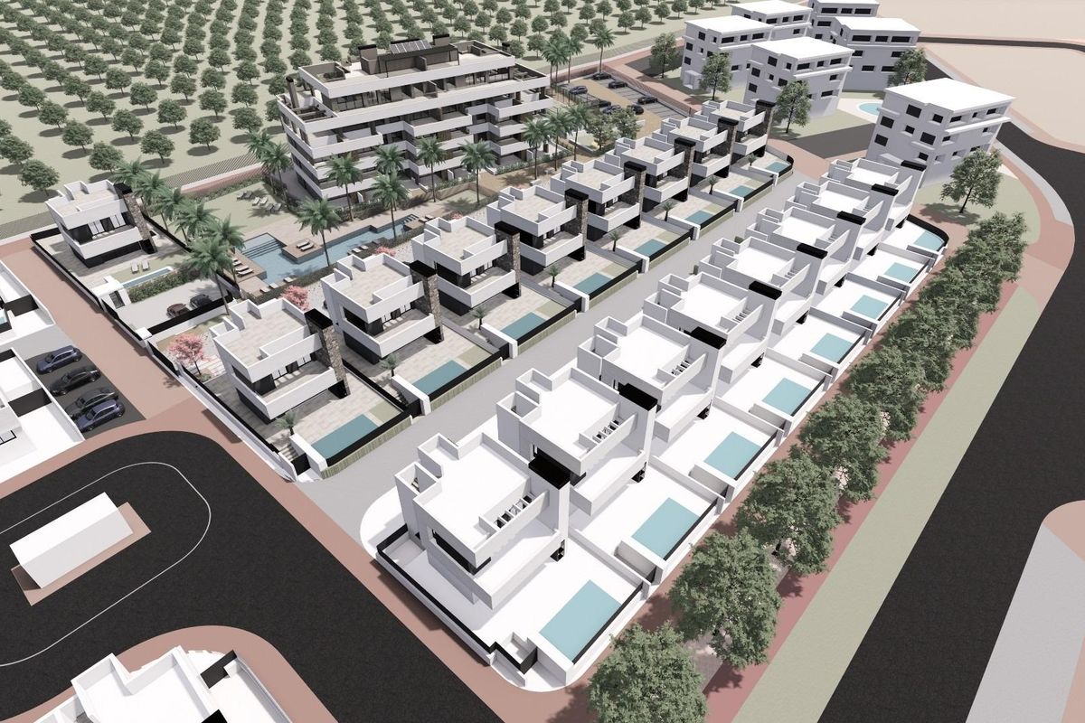 Luchtfoto van de indeling van de woning met appartementen en voorzieningen in Torre Pacheco, Costa Calida.