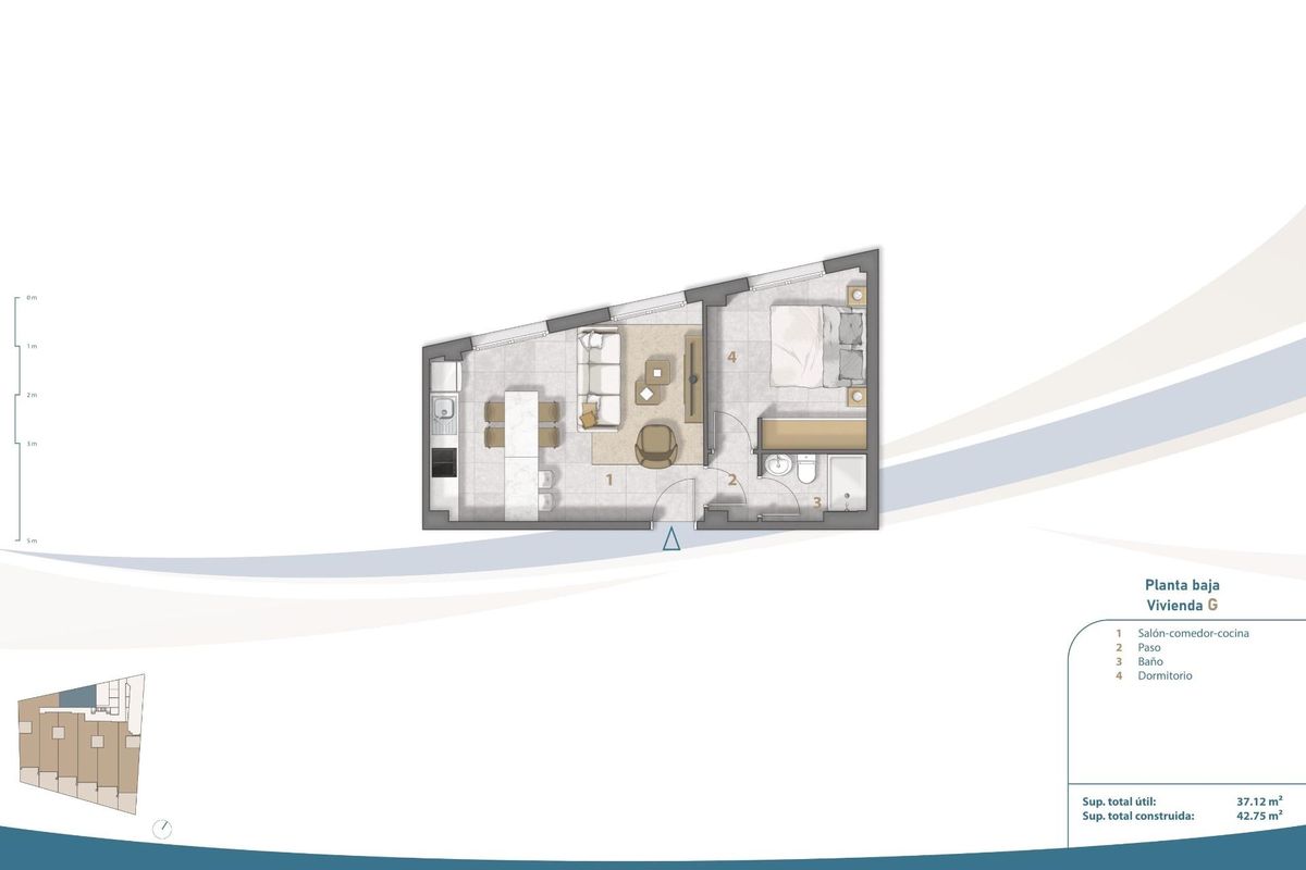 Plattegrond van een 1-slaapkamer appartement op de begane grond in San Pedro del Pinatar, met indeling en afmetingen.