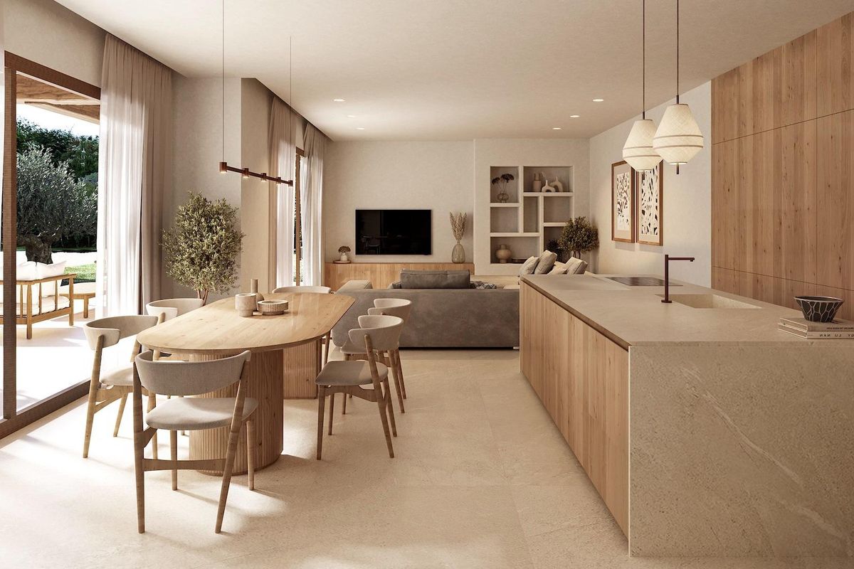 Ruime keuken en eetruimte in de villa, met moderne afwerkingen en uitzicht op het exterieur.