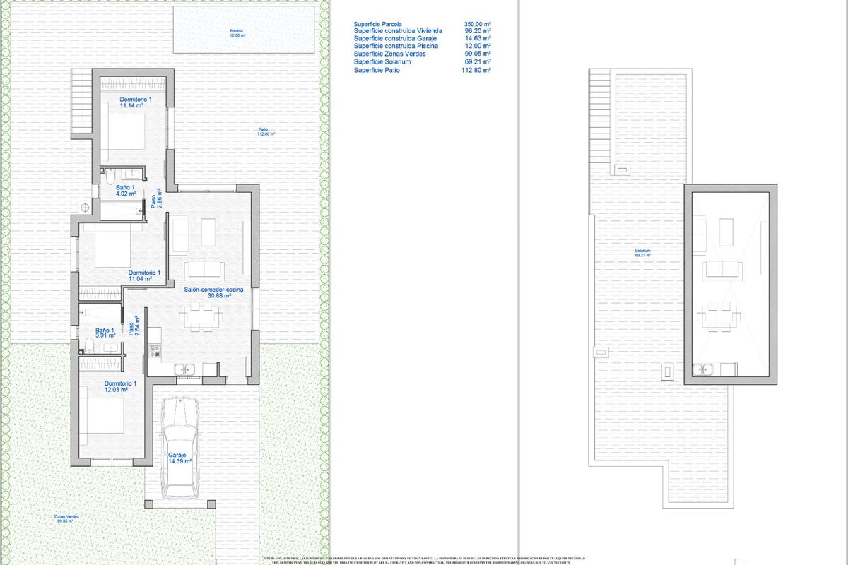 Architectonische plattegrond met kamerdetails voor een villa in Los Alcazares, Costa Calida, Spanje.