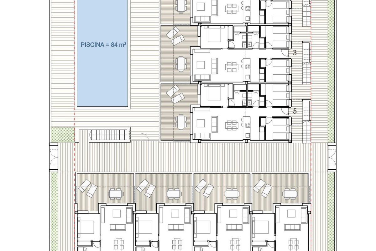 Indeling van het bungalowcomplex in Bigastro, met de rangschikking van zwembaden en woonruimtes.