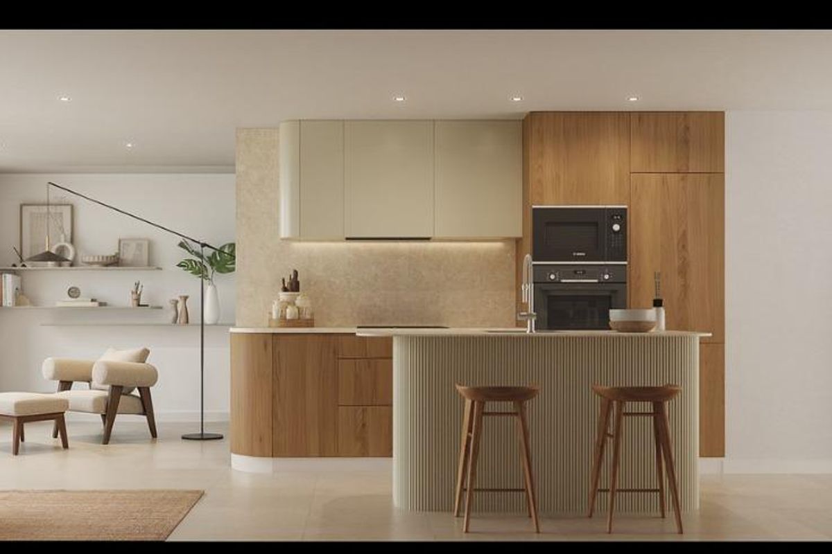 Eigentijdse keuken in het penthouse in Los Alcazares, met een open indeling en uitzicht op zee.