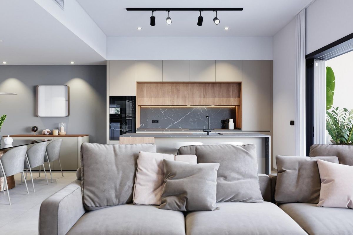 Open woon- en keukenruimte, ontworpen voor comfort en ontspanning in een 3-slaapkamer huis in Pilar de La Horadada.