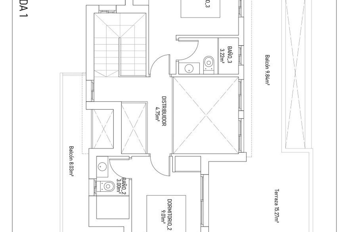  Eerste verdieping indeling van een 3-slaapkamer villa in Torrevieja met moderne voorzieningen en terras.