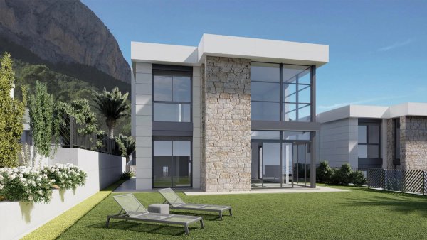 Moderne 4-slaapkamer villa buitenkant in Polop, Costa Blanca Noord, met een aangelegde tuin en prachtig uitzicht op bergen.