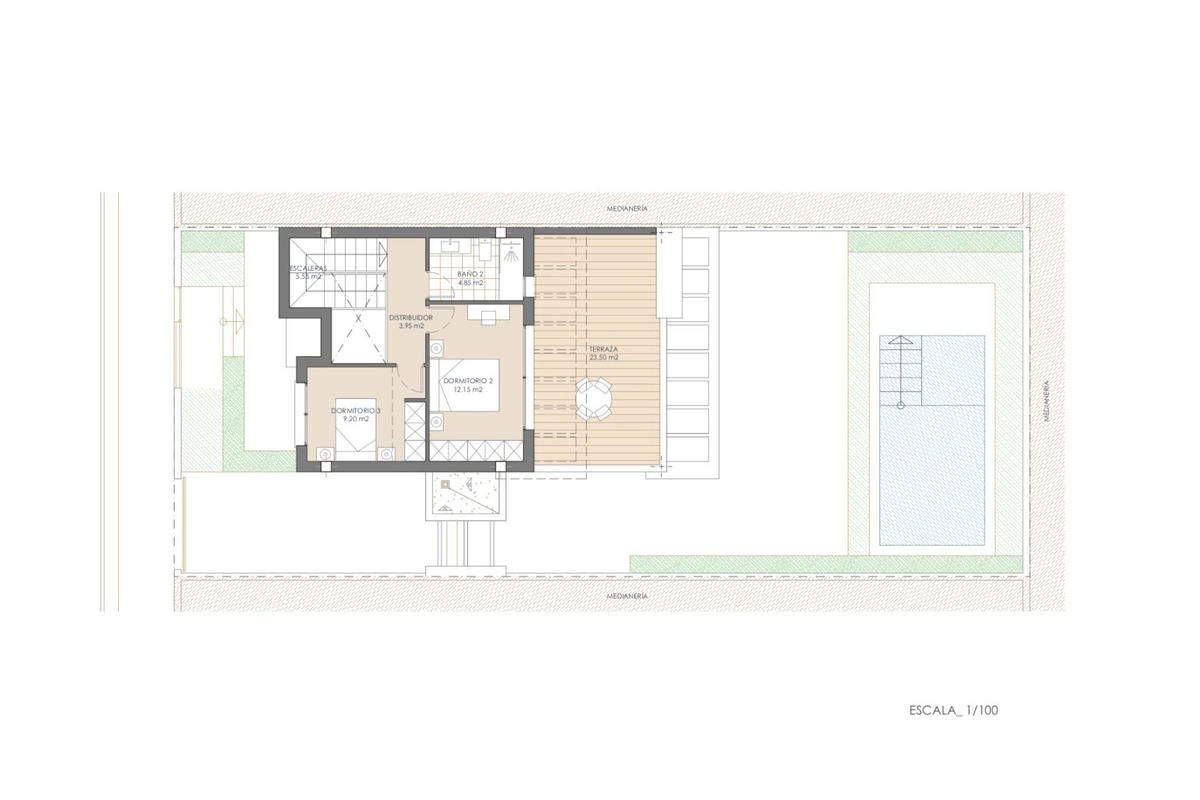 Plattegrond van een moderne 3-slaapkamer villa in San Juan de los Terreros, met terras en zwembad.