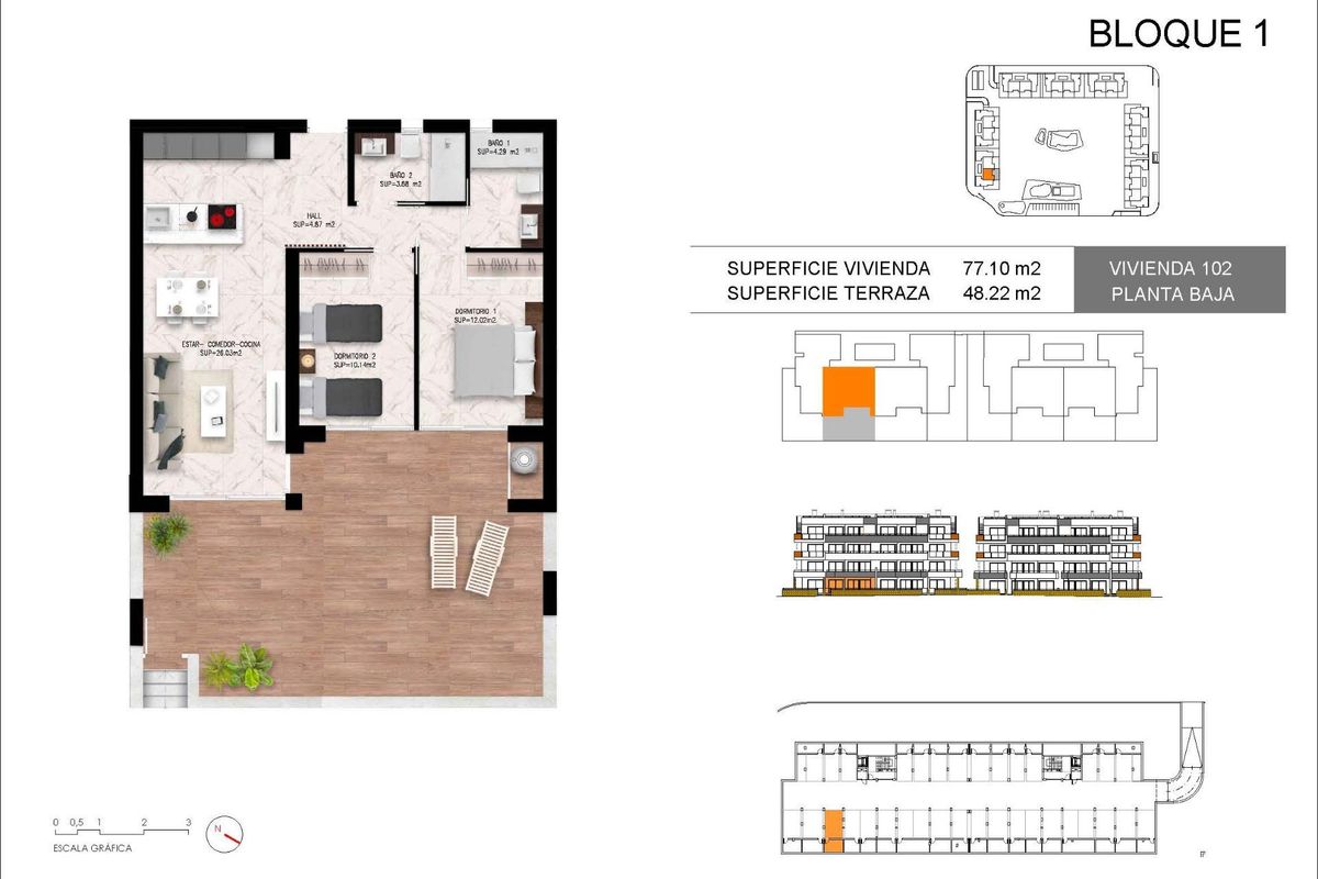 Plattegrond van een twee-slaapkamer-gemeubileerd appartement in een nieuwe ontwikkeling in Torrevieja, Costa Blanca.