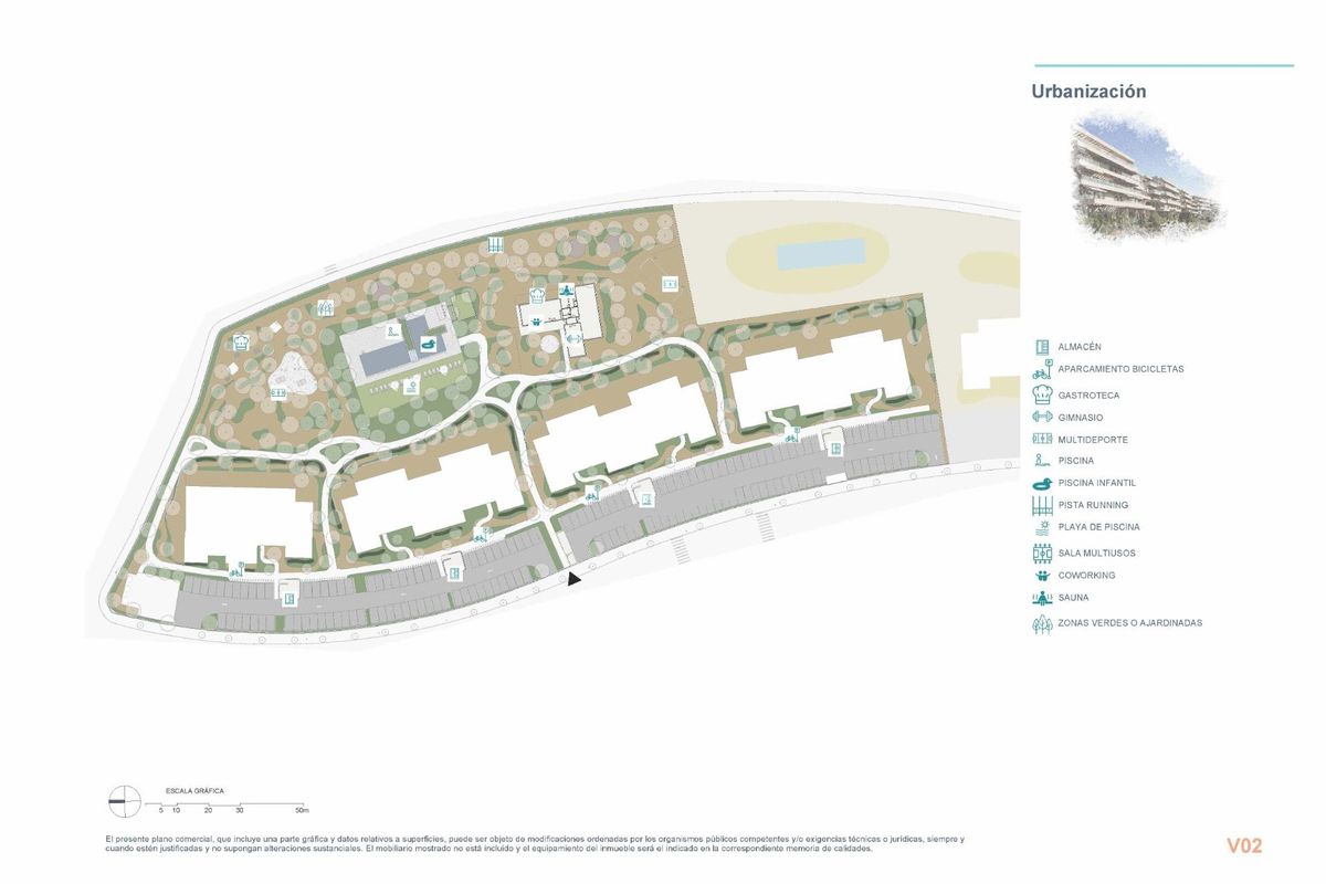 Situatieplan met indeling van het appartementencomplex en voorzieningen in Denia, Costa Blanca North.