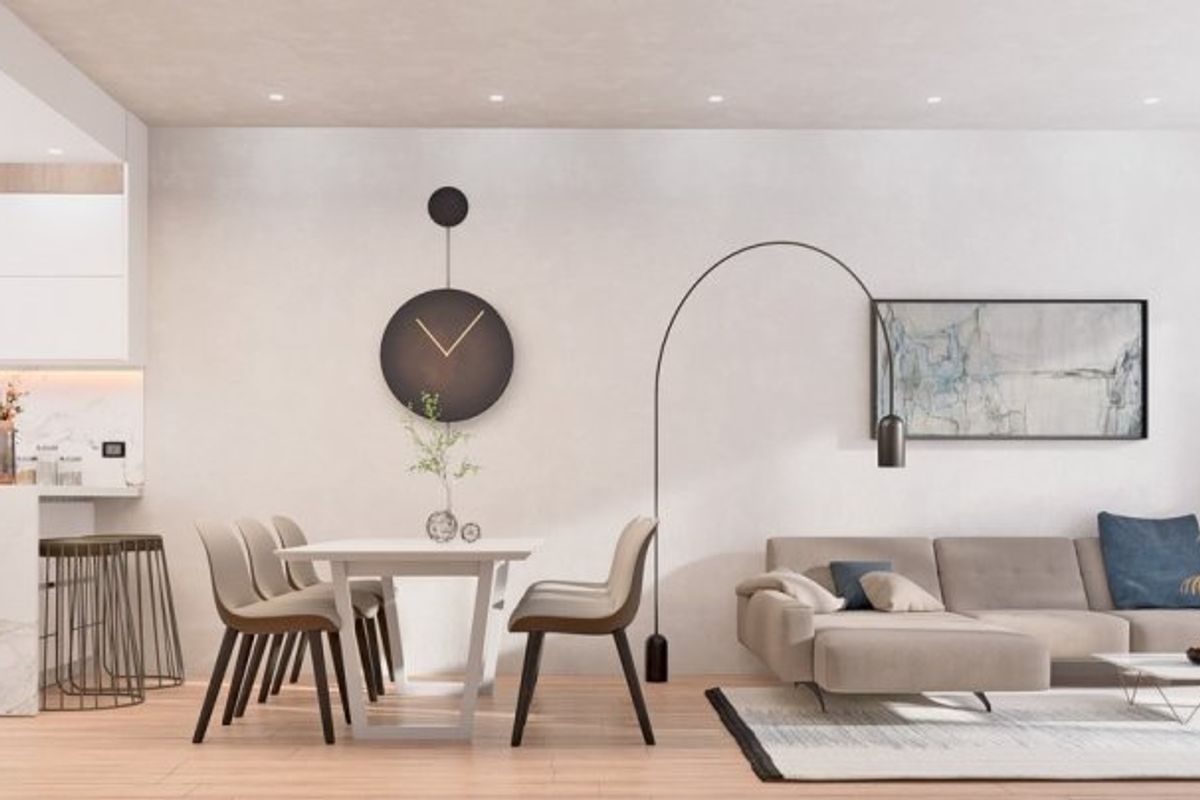 Stijlvolle woonkamer met keuken en eetruimte in een gezellige 2-slaapkamer bungalow in Torrevieja.