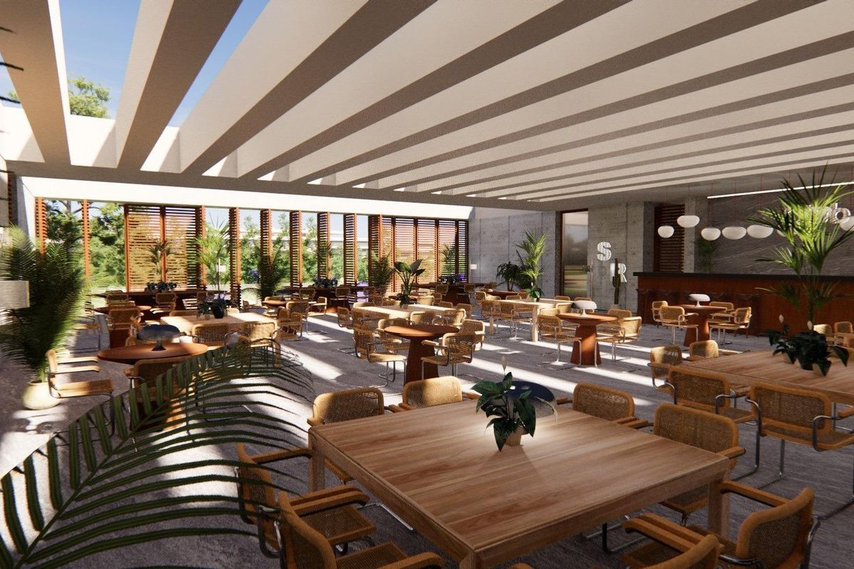 Moderne eetkamer in het clubhuis in Torre Pacheco, omgeven door groen.