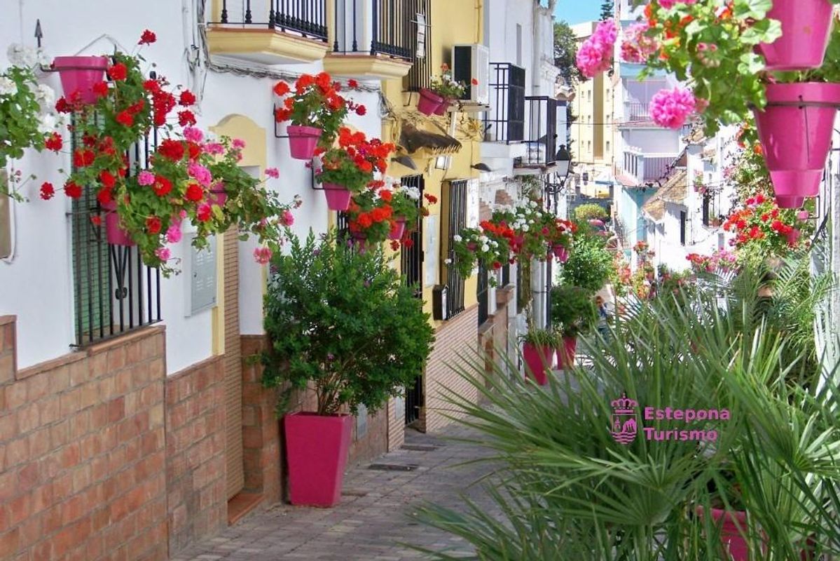 Charmant straatbeeld in Estepona versierd met levendige bloemen en traditionele architectuur.