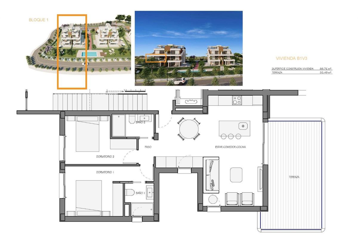Floor plan of a 2-bed apartment layout in Fuente Álamo, Costa Calida, showing bedrooms and living space.