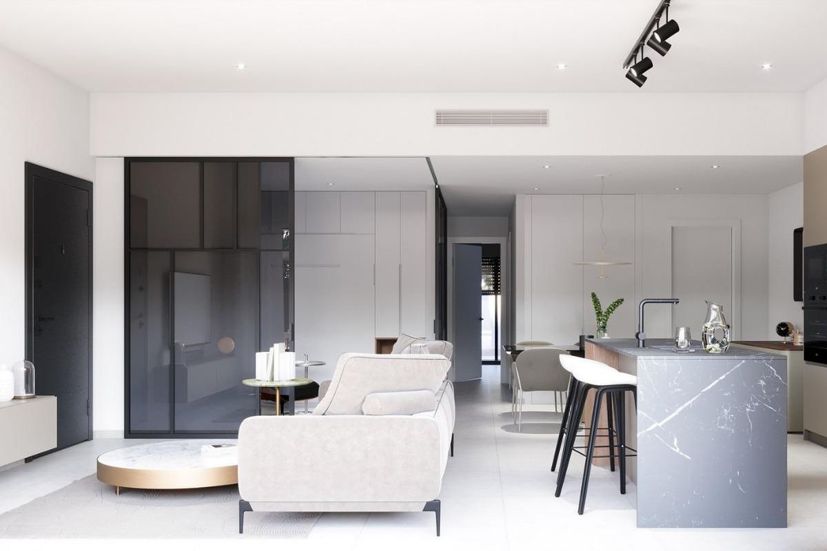 Contemporary woonkamer met open keukenopstelling, perfect om te socialiseren in een 3-slaapkamer huis in Pilar de La Horadada.