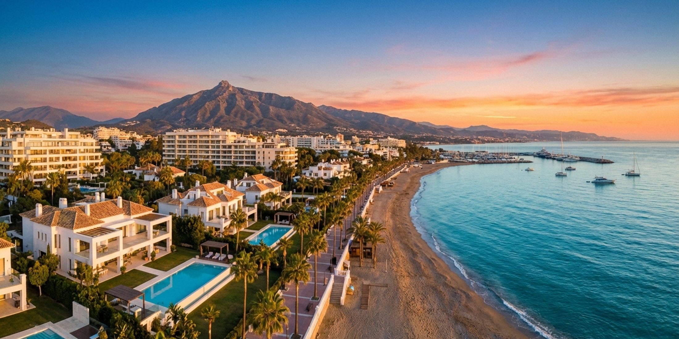 Panoramablick auf die Küste von Marbella und die Goldene Meile bei Sonnenuntergang