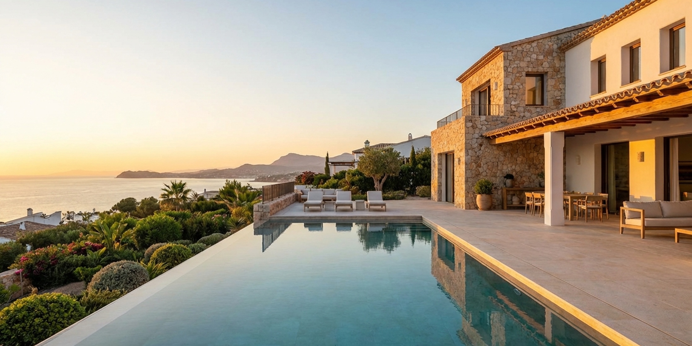 Moderne luxe villa aan de Costa Blanca met zwembad bij zonsondergang