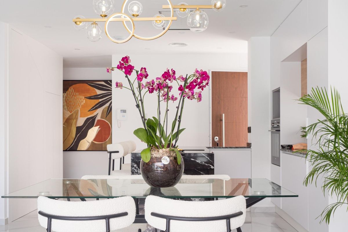 Stijlvolle eetruimte met orchideeën en een glazen tafel in de keuken van een villa in San Pedro del Pinatar.