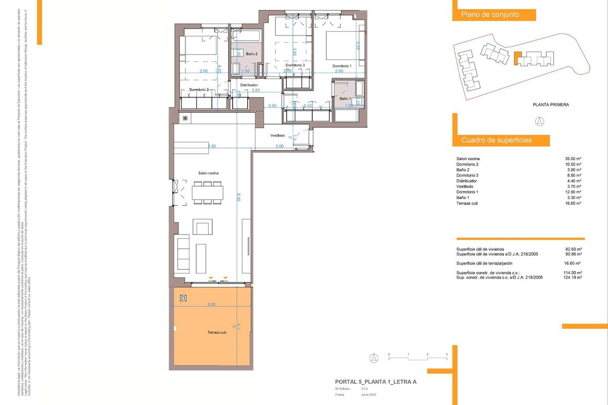 Plattegrond van een modern 3-slaapkamerappartement in Mijas, met een overzicht van de indeling.