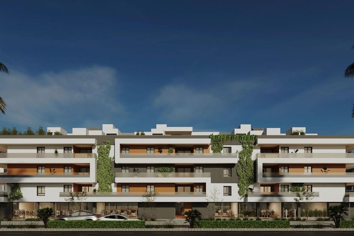 Moderne buitenkant van een luxe appartementencomplex met een 3-slaapkamer penthouse in San Pedro De Alcantara.