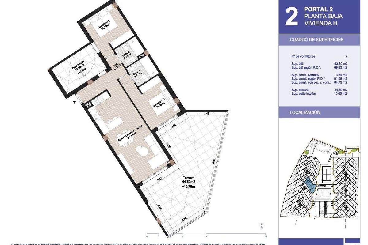Plattegrond van een 2-slaapkamer appartement op de begane grond in een moderne ontwikkeling in Torrox, Costa del Sol.