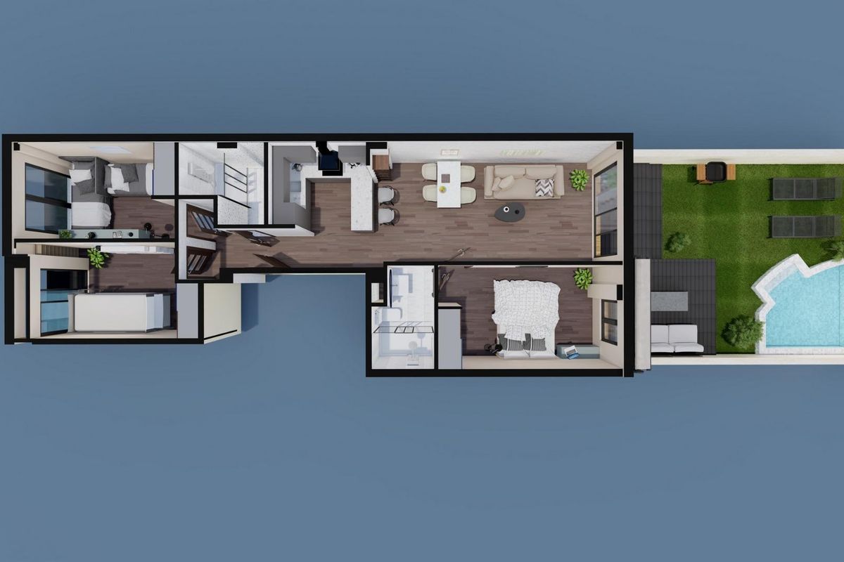 Plattegrond van een ruim 3-slaapkamer appartement op de begane grond in Pilar de La Horadada met details en zwembad.