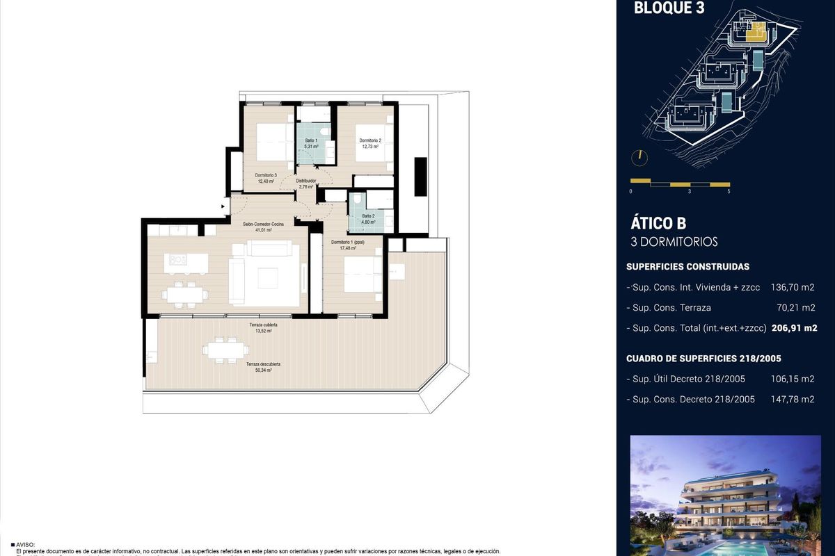 Vloerplan van een ruim 3-slaapkamer penthouse in Fuengirola, met weergave van woon- en terrasruimtes.