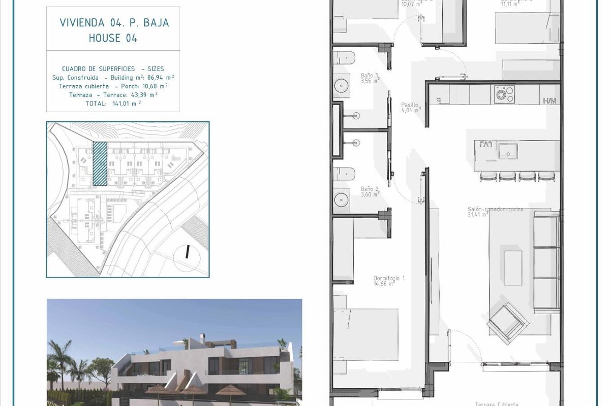 Plattegrond van een 3-slaapkamerappartement in Vera, Costa de Almeria, met een schets van de indeling en ontwerp van ruime leefruimtes.
