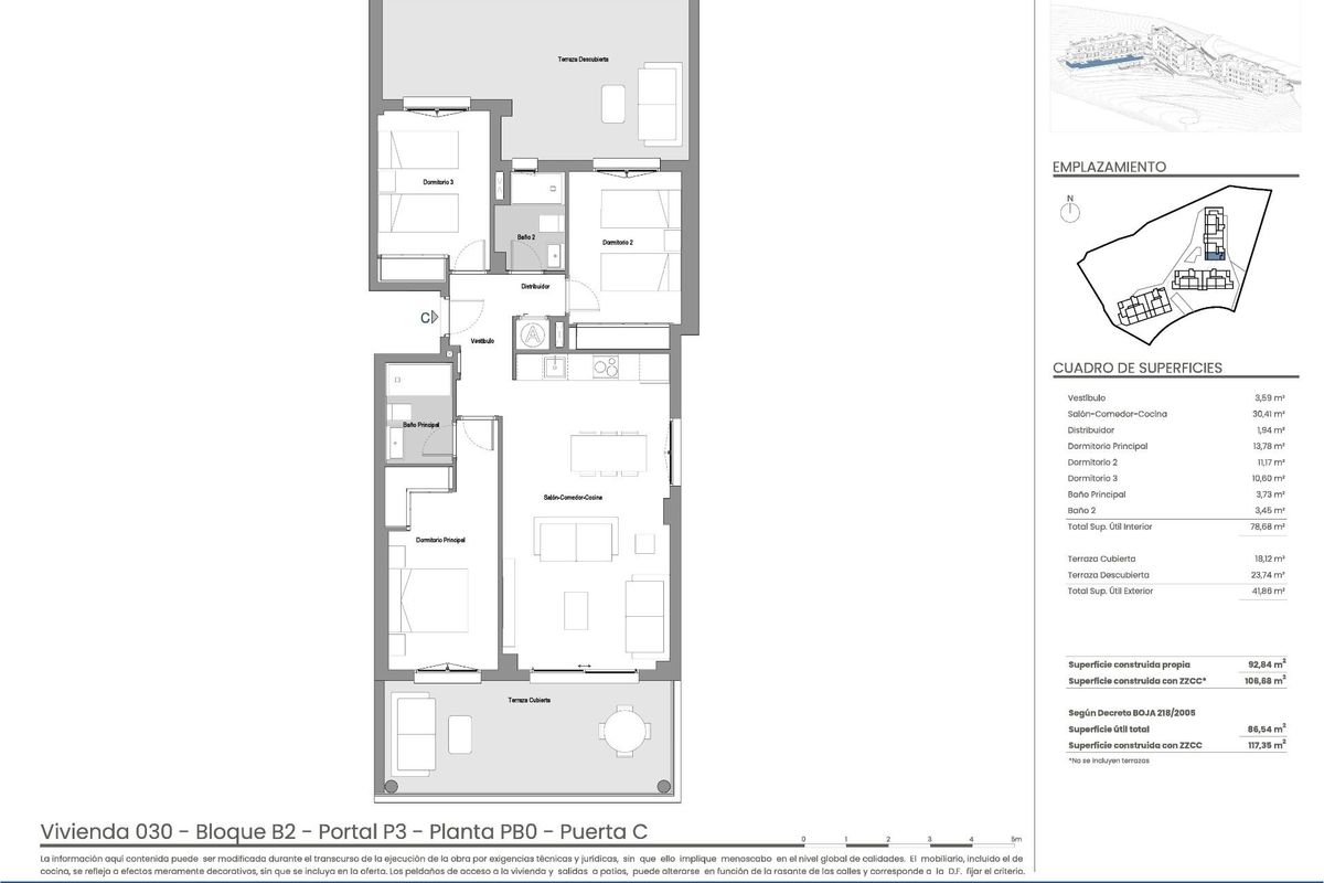 Plattegrond van een 3-slaapkamer appartement op de begane grond in Mijas, met indeling van kamers en ruimtes.