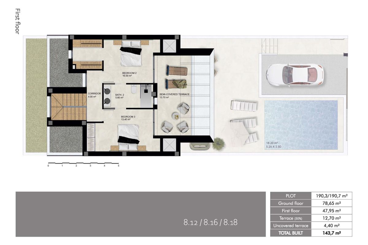 Eerste verdieping plattegrond van een 3-slaapkamer townhouse met slaapkamers en terrassen in Dolores, Costa Blanca Zuid.
