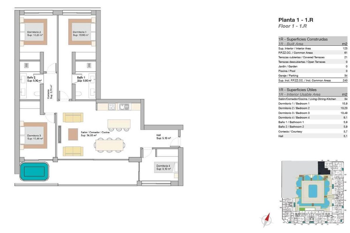 Gedetailleerde plattegrond van een 4-slaapkamer appartement in San Pedro De Alcantara, met indeling en kenmerken.