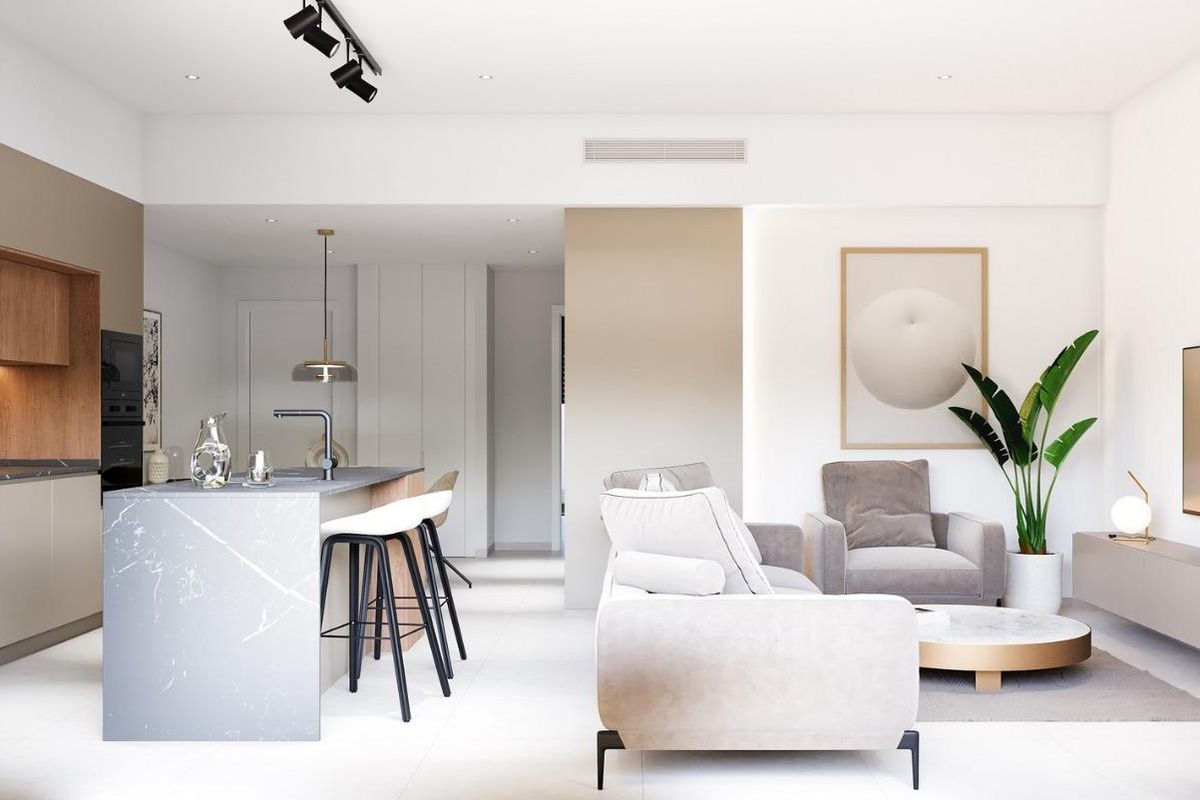 Stijlvol keukeneiland met een moderne eetopstelling, die de woonkamer van een 3-slaapkamer huis in Pilar de La Horadada versterkt.