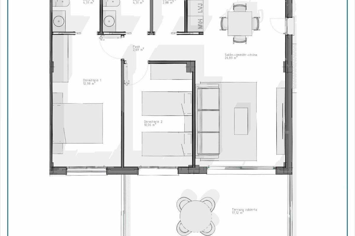 Gedetailleerde plattegrond van een 2-slaapkamerappartement in het complex in Vera, Costa de Almeria, Spanje.