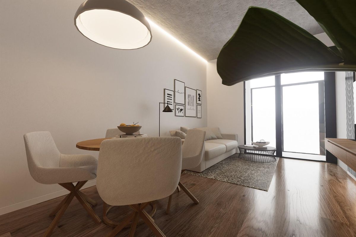 Heldere eetruimte met uitzicht, onderdeel van een moderne woonkamer in een 1-slaapkamer appartement, Alicante.