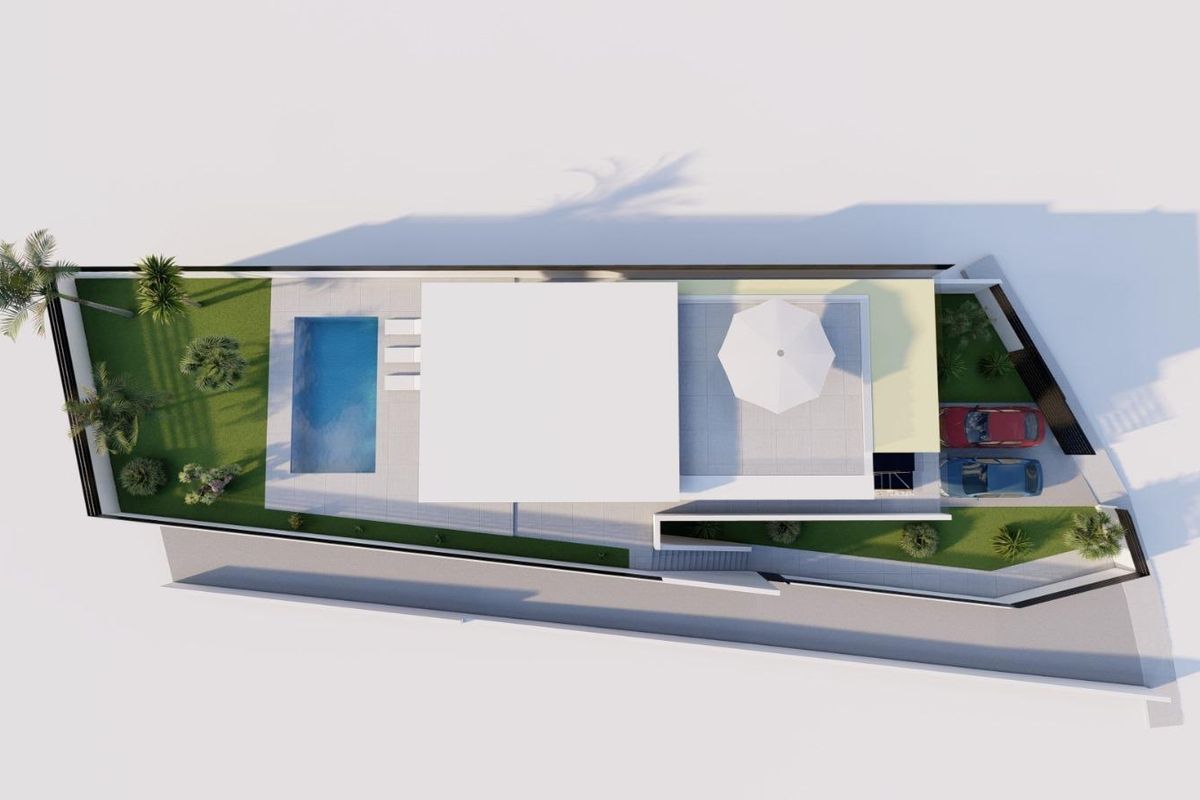 Bovenaanzicht van de villa-indeling met zwembad en tuin in Torrevieja, Costa Blanca Zuid.