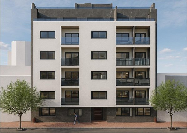 Buitenzicht op een modern appartementengebouw in Torrevieja, Spanje, met strakke lijnen en meerdere balkons.