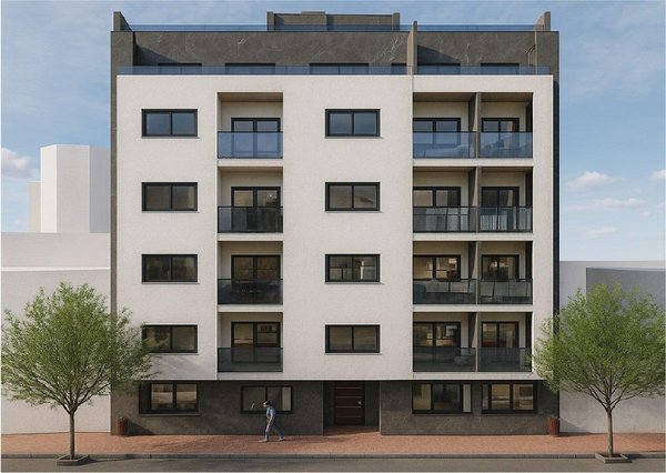 Buitenzicht op een modern appartementengebouw in Torrevieja, Spanje, met strakke lijnen en meerdere balkons.