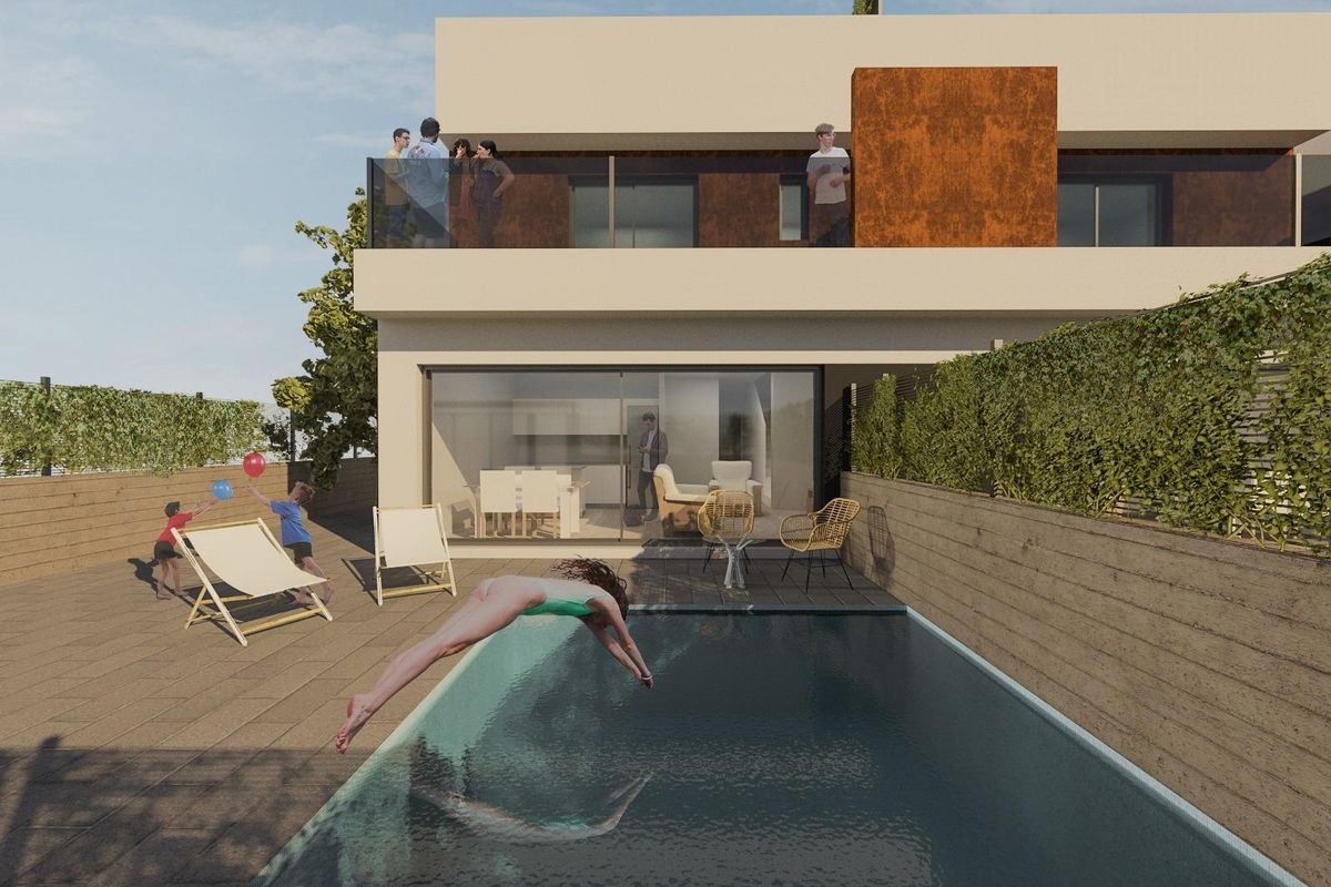 Moderne townhouse met een zwembad in San Javier, met een persoon die in het water duikt.