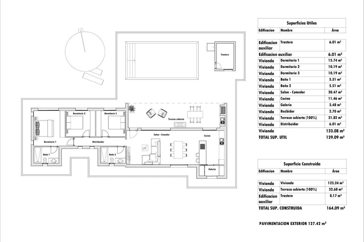 Plattegrond van een 3-slaapkamer villa in Aspe, Costa Blanca Zuid, toont lay-out en afmetingen van de ruimtes.