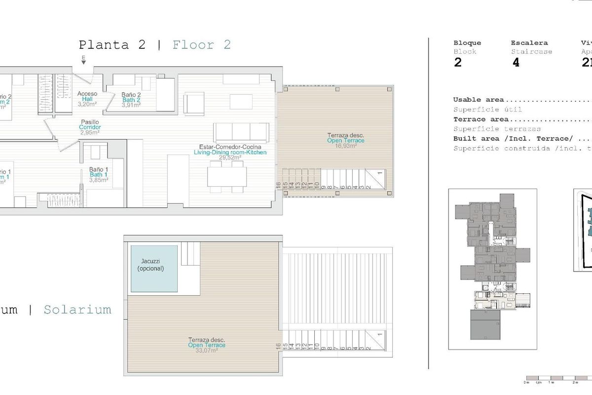 Plattegrond van een penthouse met 2 slaapkamers in El Verger, met moderne ruimtes, terrasmogelijkheden en ruime woonruimtes.