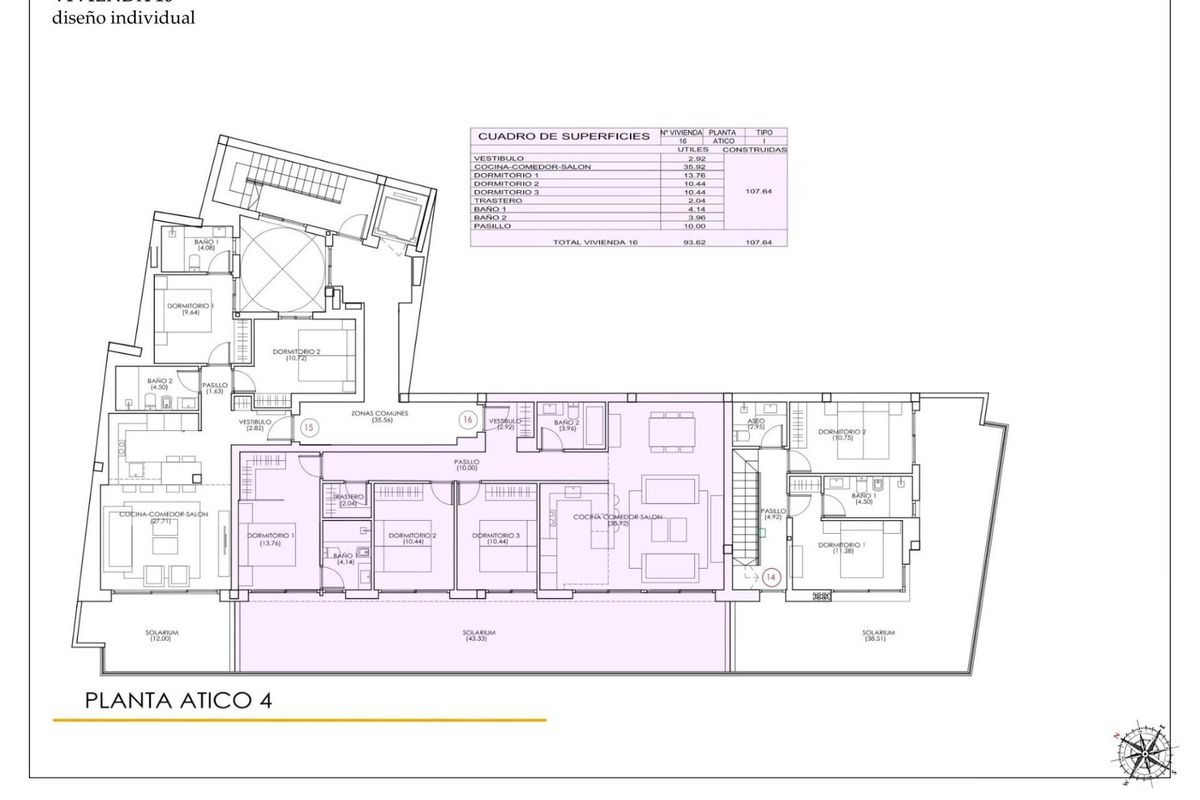 Plattegrond van een ruim 3-slaapkamer penthouse in Torrevieja, Costa Blanca, met de belangrijkste gebieden.