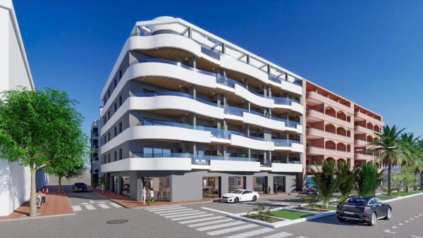 Moderne buitenaanzicht van een 2-slaapkamerpenthouse in Torrevieja, met een strak ontwerp.
