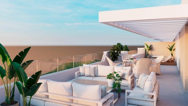 Stijlvol terras met zitgelegenheid en groen in een luxe penthouse in Mijas met uitzicht op de Costa del Sol.