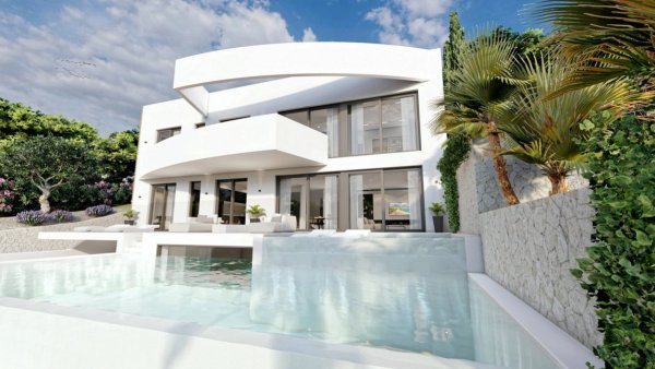 Moderne 4-slaapkamer villa buitenkant met een zwembad in Altea, Costa Blanca Noord, met een stijlvolle inrichting en weelderig groen.