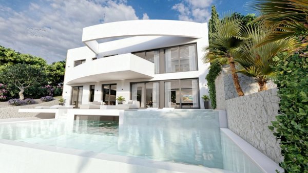 Moderne 4-slaapkamer villa buitenkant met een zwembad in Altea, Costa Blanca Noord, met een stijlvolle inrichting en weelderig groen.